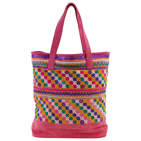 Pink Geometric Embroidered Tote - India